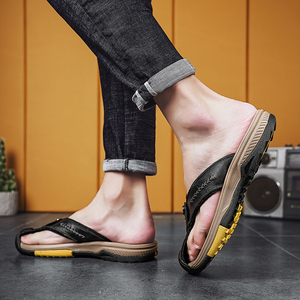 Fourniture Usine Personnalisée LOGO Pur <span class=keywords><strong>Cuir</strong></span> de Vachette <span class=keywords><strong>Luxe</strong></span> Pantoufles Extérieur Été Bout Ouvert Hommes Tongs en <span class=keywords><strong>Cuir</strong></span> - Product Image 6