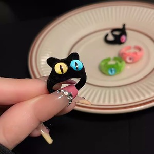 Japanese and Korean style fun and cute quirky big-eyed cat open <b>ring</b> with cartoon minimalist flocked index <b>finger</b> <b>ring</b>. - Product Image 1