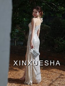 Vestido de noche de sirena de alta resistencia con lentejuelas, largo hasta el suelo, de un solo hombro, con diseño floral, para pasarela, con borlas, abertura y cola de pez, para <span class=keywords><strong>Bar</strong></span> Mitzvah - Product Image 3