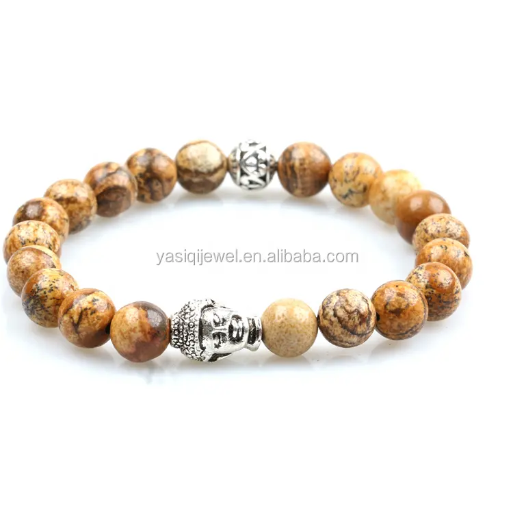 Großhandel 8mm Naturbild Stein Perlen Dehnungs-Armband mit Buddha-Kopf-Charme für Männer