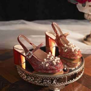 7222A-226 Zapatos de Tacón Alto con Lentejuelas para Boda, Punta Cuadrada, Tacón de Bloque, Correa al Tobillo, Adornados con Cuentas, Estilo Mary Jane, Tacón de 5cm-8cm, Ligeros - Product Image 2