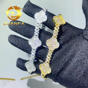 Hot Selling Hip Hop Jewelry Iced out Luck Leaf 6mm Moissanite Cuban chain Bracelet 925 Silver Buckle Clasp Men Bracelet