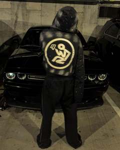 Sweat-shirts courts pour hommes, streetwear d'hiver, 100% coton, lavage à l'eau, effet délavé, broderie en chenille, effet délavé au soleil, strass, brut - Product Image 6