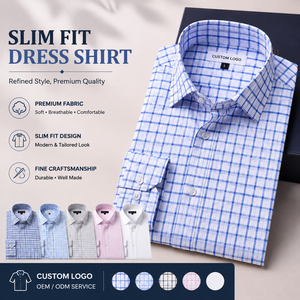 Chemise habillée ajustée pour homme, bleu à carreaux, manches longues, chemise formelle de bureau, logo personnalisé, uniforme de bureau, marque privée - Product Image 1