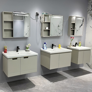 <span class=keywords><strong>Meuble</strong></span> de salle de bain mural de luxe en PVC, gain de place, étanche, avec lavabo et miroir, mobilier d'hôtel - Product Image 2
