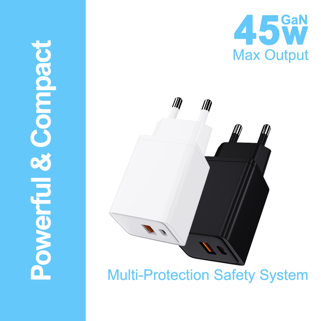 PD45W PD3.0/PD3.1 GaN Charger with EU/US Plug OTP Protection PC Material for Mobile Phone Camera & Earphone