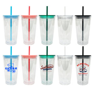 Gobelets à café en plastique acrylique à double paroi transparents pré-percés, plusieurs couleurs, 16 oz, 24 oz, avec bouchon en silicone - Product Image 1