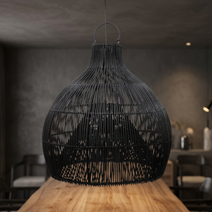 Lustre suspendu rond en rotin tissé noir fait à la main avec source de lumière LED, décoration moderne minimaliste pour la maison - Product Image 3