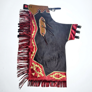 Chaps Western en cuir rouge et noir, longueur intégrale, avec appliques géométriques et pompons, pour le Rodeo - Product Image 1