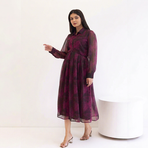 Vestido Camisero de Gasa a Cuadros con Cuello Vuelto, Manga Larga, Plisado, Corte Holgado, Cintura Imperio, Estilo Casual para Otoño - Product Image 1
