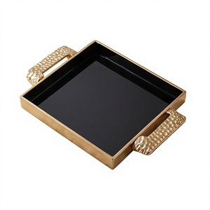 Luxury <b>Black</b> Enamel Serving <b>Tray</b> with Gold Hammered Handles Modern Decorative Rectangular <b>Tray</b> for Home Hotel Coffee Table - Product Image 1