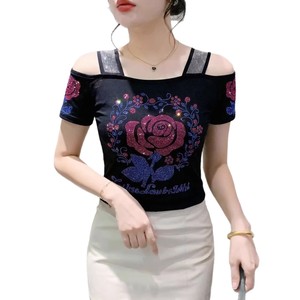 Nueva Blusa de Verano para Mujer, Exquisita, <span class=keywords><strong>con</strong></span> Pedrería, de Malla de Seda Helada, Manga Corta, <span class=keywords><strong>con</strong></span> Hombros Descubiertos y <span class=keywords><strong>Espalda</strong></span> Estilizada - Product Image 5