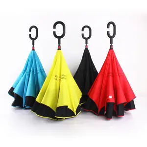 23inch 8K ribs Inverted umbrella with double layer fabric Car Umbrella can Standing fiber frame C handle manual open