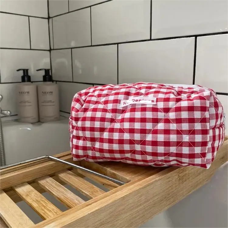 Hete Verkoop Roze Gingham Make-Up Zakje Reizen Mooie Schattige Gewatteerde Cosmetische Tas Voor Meisjes