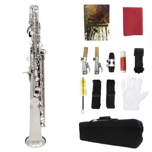 straight saxophone brass material Bb key silver color soprano saxophone with white shell buttons