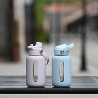 Gobelet en verre anti-fuite avec paille rabattable, couleur macaron, couvercle en silicone anti-chute, bouteille de sport d'extérieur