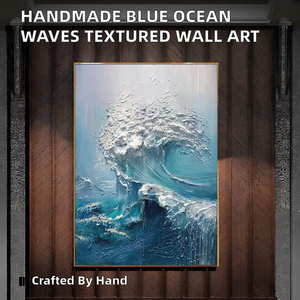 <span class=keywords><strong>Peinture</strong></span> à l'huile abstraite moderne faite à la main, paysage bleu en 3D, vagues océaniques, <span class=keywords><strong>peinture</strong></span> décorative sur toile peinte à la main, encadrée - Product Image 2