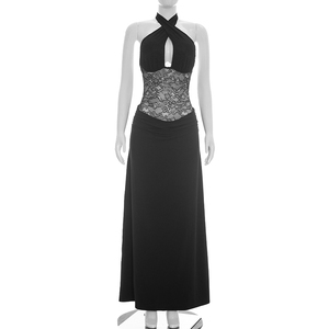 Viviblook Y26DS145 Women Dress New Lace Neck Cross Halter Neck Sexy Backless Pleated Lace Patchwork Maxi Evening Dresses - Product Image 1