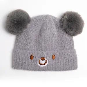หมวกบีนนี่ลายถักสำหรับเด็กทารกชายและหญิง,หมวกปอมปอมปอมสองชั้นน่ารักไม่เหมือนใครสำหรับฤดูหนาว