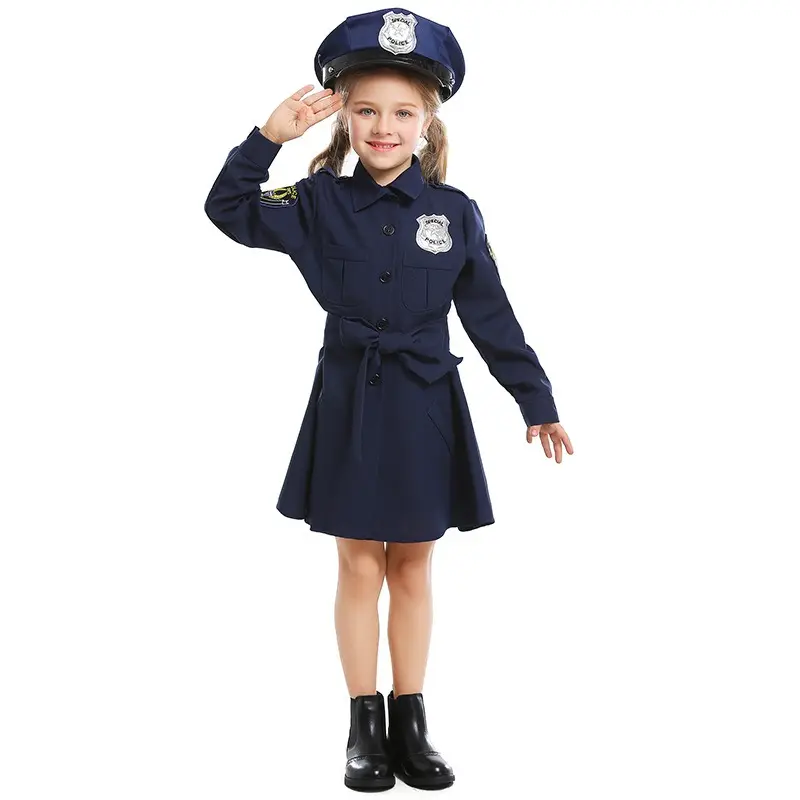 Kostum polisi anak perempuan, baju polisi untuk permainan peran Halloween berdandan dengan topi