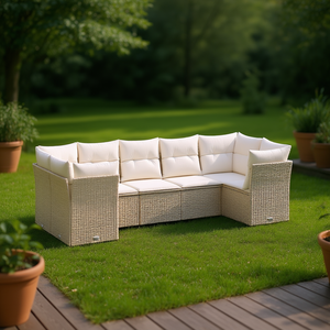 Ensemble de canapés de jardin beige crème en rotin PE, mobilier d'extérieur durable au design contemporain avec coussins en mousse haute densité - Product Image 2