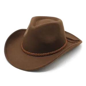 New Woolen Men Cowboy Hat Braided Straps Western Outdoor Male Wide Brim Fedora Hats Cool Horse Riding Boy