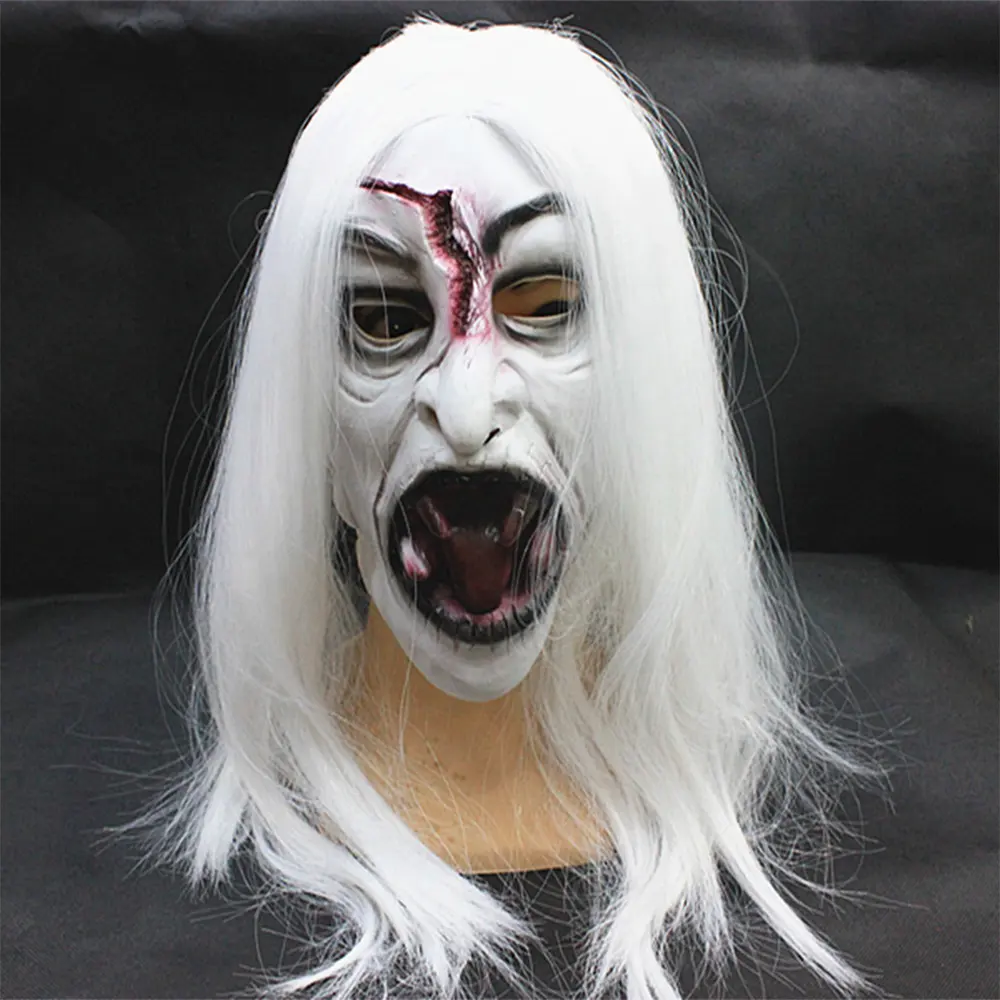 Horror Scary Women Witch Máscara de látex con peluca Realista Halloween Cosplay Ghost Devil Adultos Full Head Party Masks