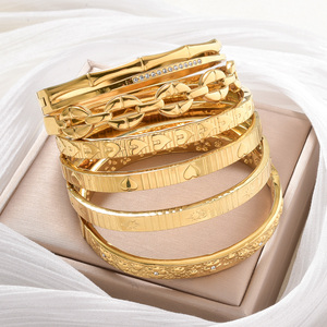 glossy waterproof <b>engraved</b> heart star floral crystal chain bamboo 18k gold plated stainless steel stackable designer <b>bangle</b> set - Product Image 1