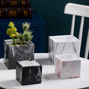 Pot de fleurs en marbre d'impression par transfert d'eau en céramique nordique carré intérieur et extérieur avec plateau - Product Image 1
