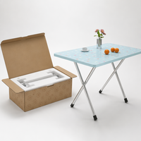 Table à manger rectangulaire pliante bleu clair à motifs floraux, avec pieds en acier inoxydable en forme de X, plateau imperméable