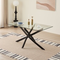 Table à manger rectangulaire en verre trempé transparent moderne avec pieds en métal noir en forme de X pour la maison, la cuisine et la salle à manger
