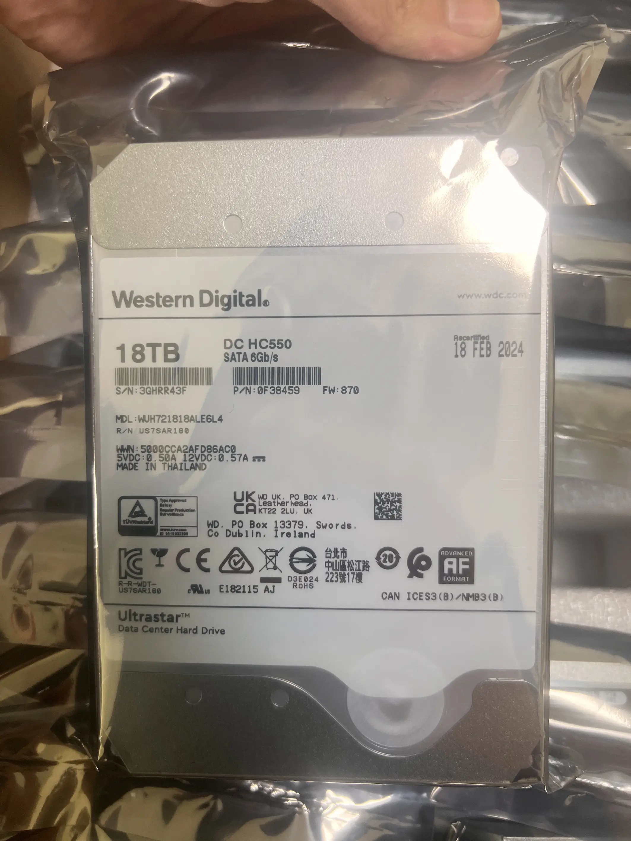 Wd Ultraharde Schijf Nas Dc Hc550 18Tb 7.2K Sata 6 Gb/s 512Mb 3.5 "Hdd Nas Hdd 1Tb Wuh721818ale6l4