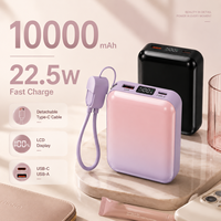 Mini batterie externe portable 22,5 W à charge rapide avec câbles intégrés, double câble intégré, design avec cordon, batterie Li-Polymère