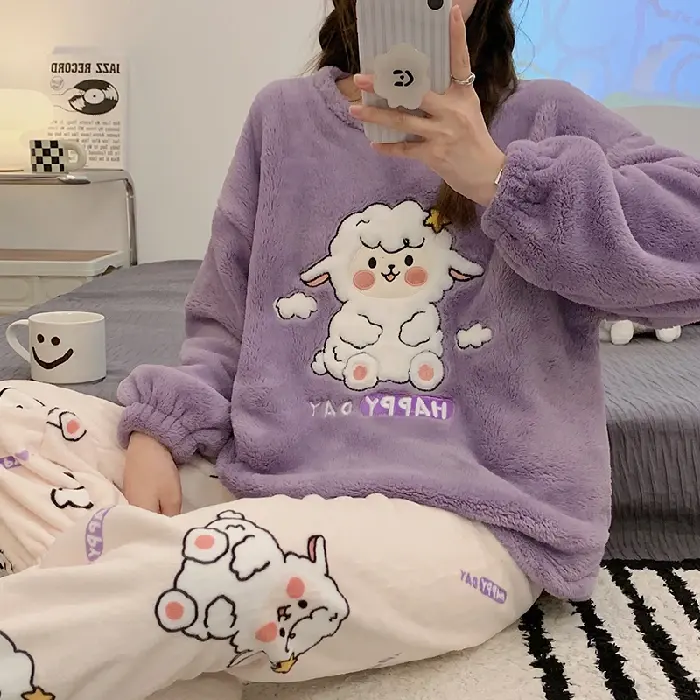 Autumn Winter New Warm Flannel Women's Pajamas Set Long-sleeved Trousers Two-piece Set Cute Soft Home Wear Clothes For Women