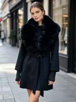Manteau en laine mélangée cachemire Janveny 2026, nouvelle collection hiver, pour femme, ceinturé, épais, chaud, avec col en vraie fourrure naturelle et manches en tricot