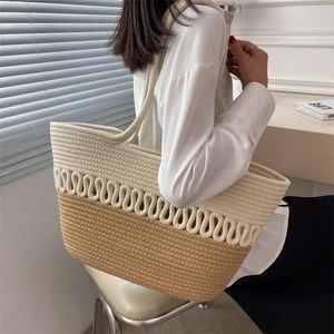 Épaule creux coton tissé sac nouvel été grande capacité français paille sac bord de mer vacances sac de plage pour les femmes - Product Image 1