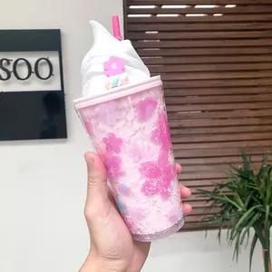 韩版奶油冰夏可爱双吸管杯塑料时尚饮料水晶水瓶