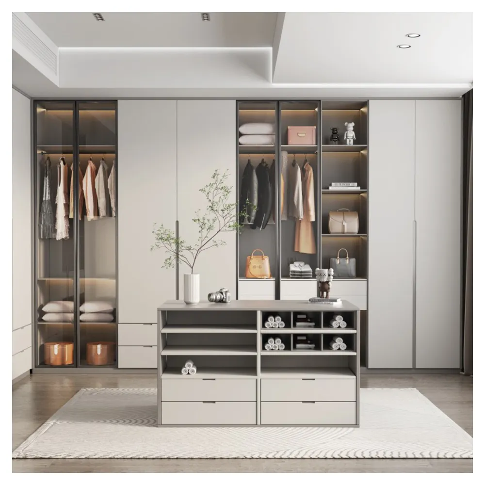 L Shape Latest Design Custom French Wardrobe Elegant High-end Wooden Built In Closet with Drawers and Cubes Combination Cabinet