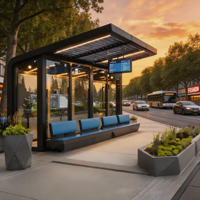 Abri de bus moderne en verre à énergie solaire, station d'arrêt de bus intelligente pour ville connectée avec toit à panneaux solaires et affichage numérique de l'heure d'arrivée du bus