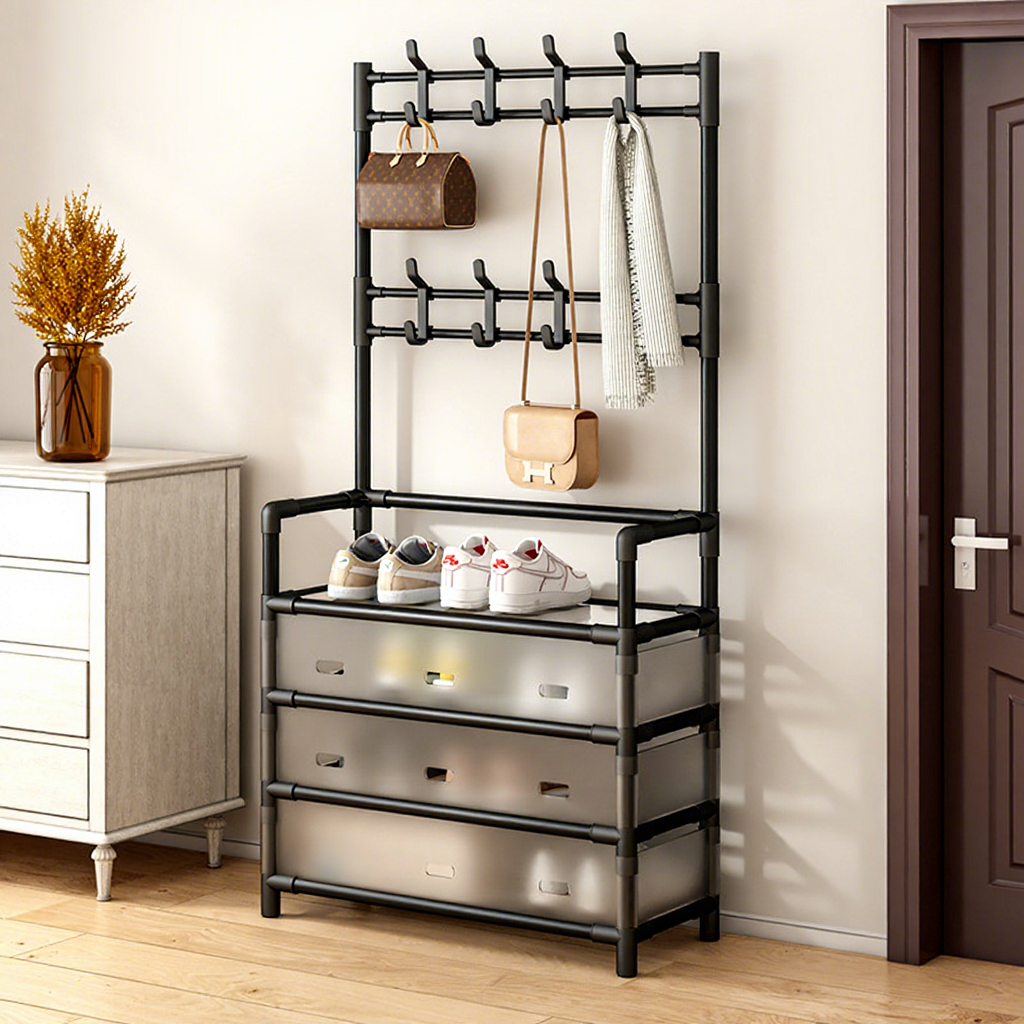 Étagère à chaussures et à chapeaux améliorée, 4 niveaux, 60 cm, noire [anti-poussière]