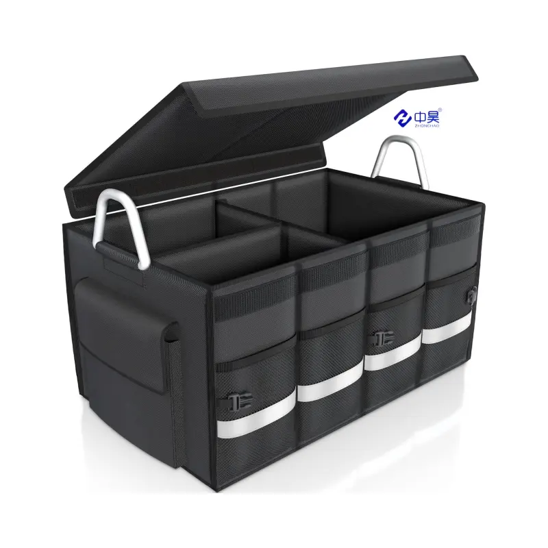 Trunk Organizer Cargo Organizer Trunk Storage Organizer with Foldable Cover Aluminium Alloy Handle Reflective Stripe