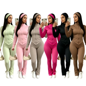 Tall Girl New Fall Casual Three Pieces Pants Set Cardigan Long Sleeve Jacket Pants and <b>Headband</b> Sets Women High Waist Flare Leg - Product Image 1