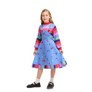Robe de poupée d'horreur en gros avec bretelles, robe imprimée rayée colorée pour fête d'Halloween 4ourcostumes - Product Image 2