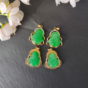 Ожерелье из 18-каратного золота с кулоном Будды, зеленое ожерелье с кулоном из натурального нефрита, религиозное ожерелье из нефрита, кулон Будды со смехом - Product Image 4