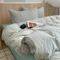 Parure de lit 4 pièces en coton 100% teint en fil, lavée, antistatique, rayée, 600 fils/cm², design minimaliste de style japonais, pour un sommeil pur.