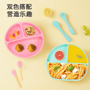 Lot de 3 pièces de vaisselle pour enfants : Assiette d'apprentissage en silicone avec ventouse, cuillère et fourchette pour bébé - Product Image 3