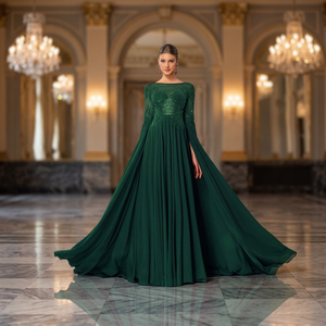 Robe de soirée élégante haut de gamme pour femme, longueur ras du sol, en mousseline de soie patchwork perlée, coupe trapèze, avec soutien-gorge intégré et taille naturelle - Product Image 3