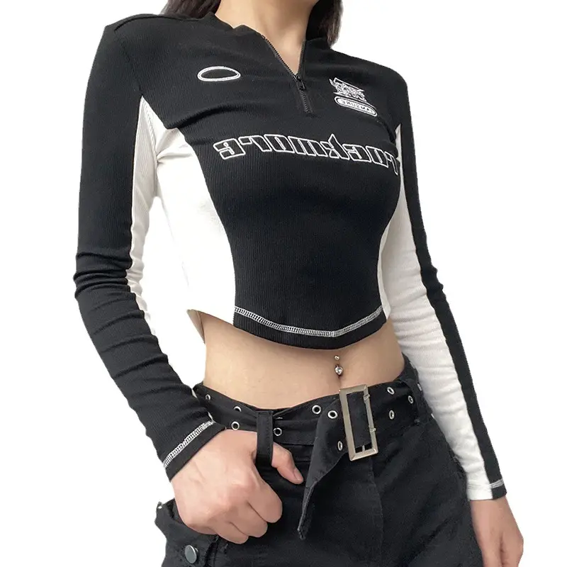 メカニカルスタイルホットガールグラフィックプリントステッチ長袖Y2K Tシャツスリムフィットファッショントップ女性