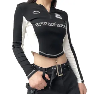 Mechanischer Stil heißes Mädchen Grafik druck Nähte Langarm Y2K T-Shirt Slim-Fit Mode Top Frauen