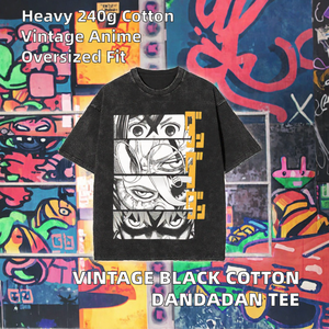 T-shirt Homme Oversize Personnalisé en Coton 100% Noir Lourd 240g, Lavage Acide, Motif Vintage DAN DA DAN Anime, Manches Courtes - Product Image 2